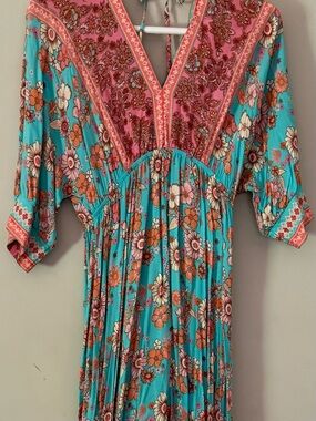 Salant Floral Boho Midi Dress Medium Turquoise Pink Tassel Tie Festival Dress